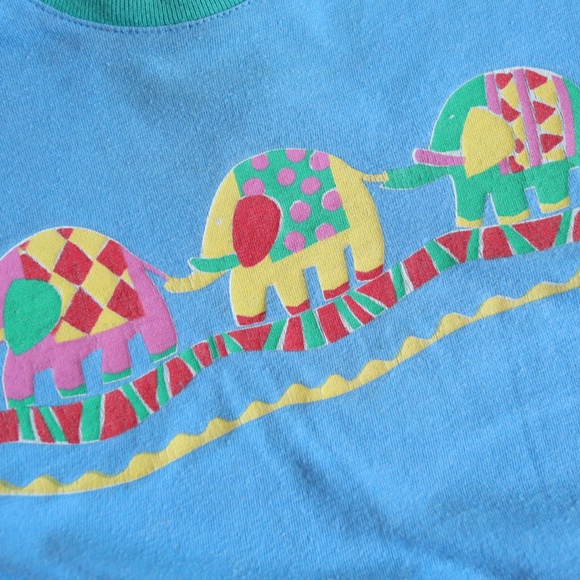 Vintage Rainbow Elephants Tee + Blue Plaid Shorts SET / 12-18M - Picture 3 of 11